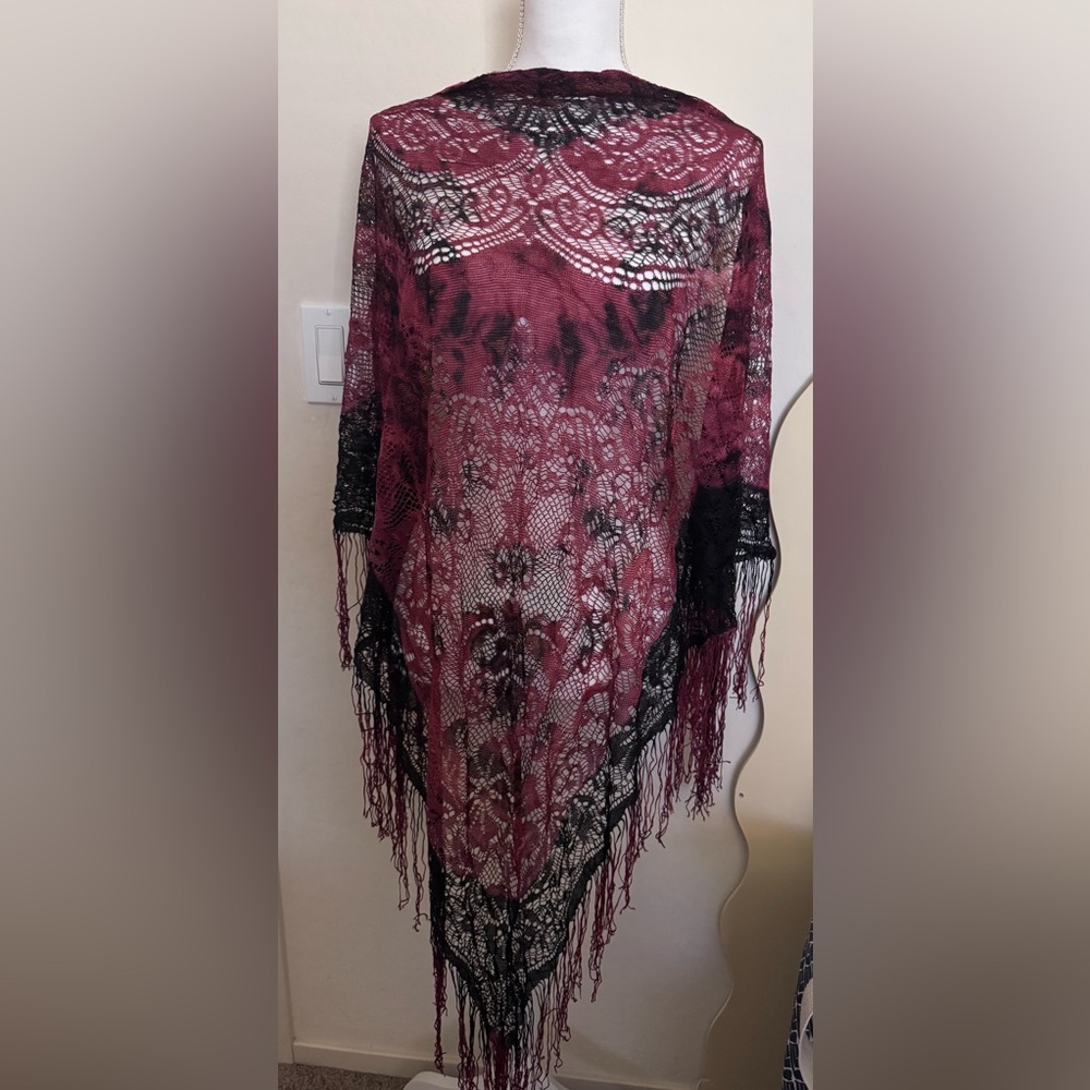 Elegant Burgundy and Black Lace Shawl